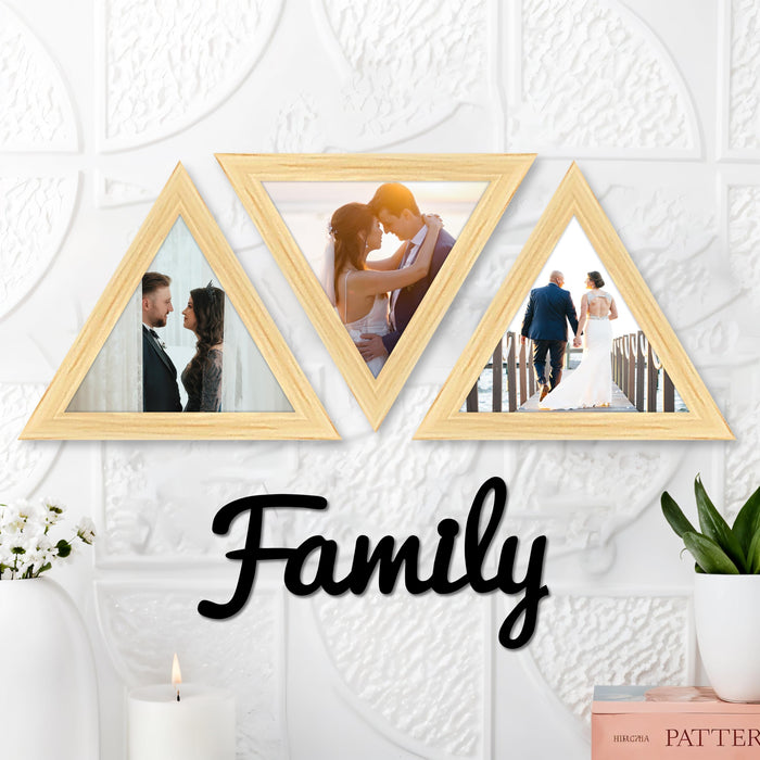 Triangular Wall Photo/Picture Frame Set of 3, and 'Family' Word, for Home (Size 9.2x9.2 Inch)