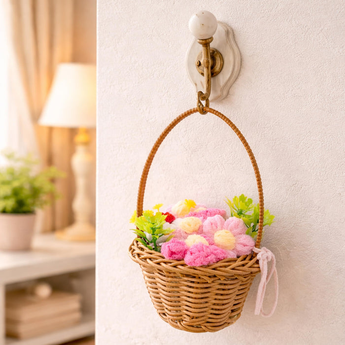 Art Street Handcrafted Crochet Flower Basket with Wicker Handle Decorative Table Accent, Artificial Flower Arrangement Gift Basket for Home Decor, Desk Styling, Shelf Decoration & Festive Gifting