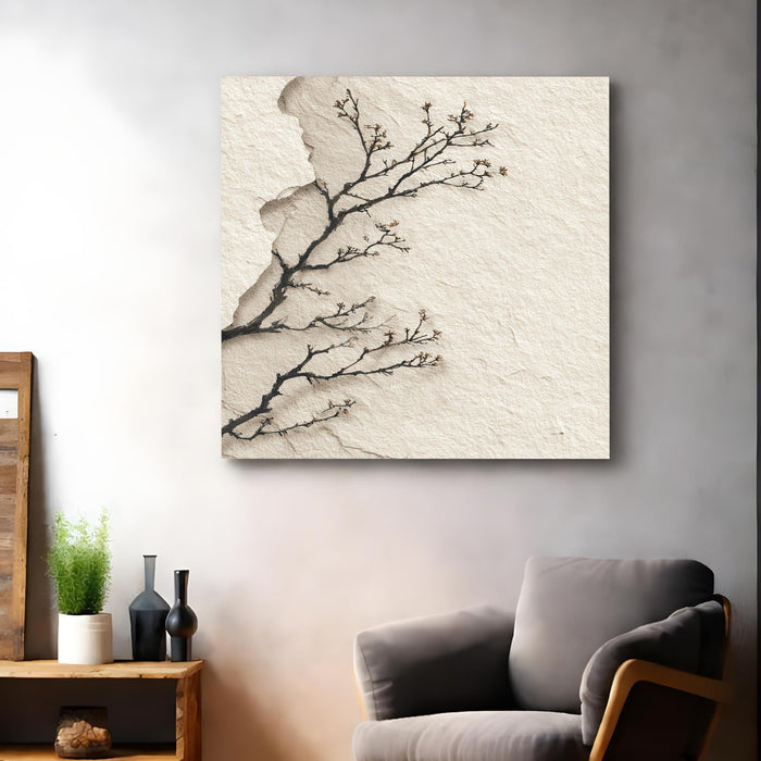 Japanese Zen Tree Branch Stretched Canvas Wall Art Painting For Living Room, Minimalist Wabi-Sabi Landscape Painting, Modern Japandi Decor for Living Room, Office & Home (56xx56 cm)