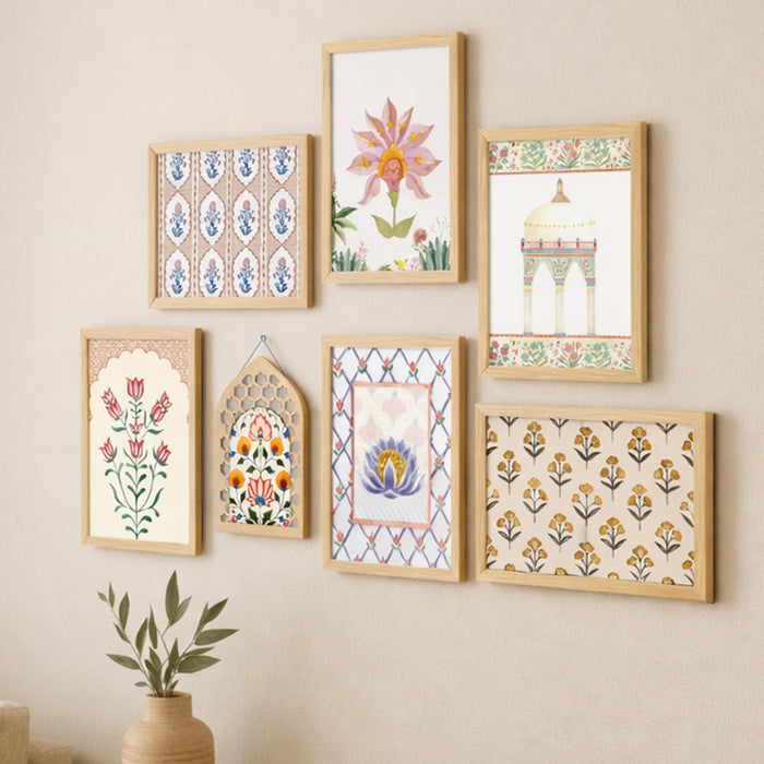 Indian Floral Framed Wall Art Set of 7 (1 MDF wall Hanging) – Mughal & Rajasthani Inspired Botanical Prints |Ethnic Wall Decor Framed Painting for Living Room & Bedroom, 9x13 Inch