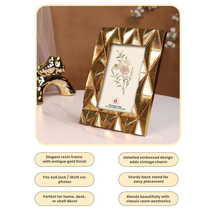 Vintage Photo Frame Golden Geometric – European Style Resin Picture Frame for Tabletop Display, Antique Look.