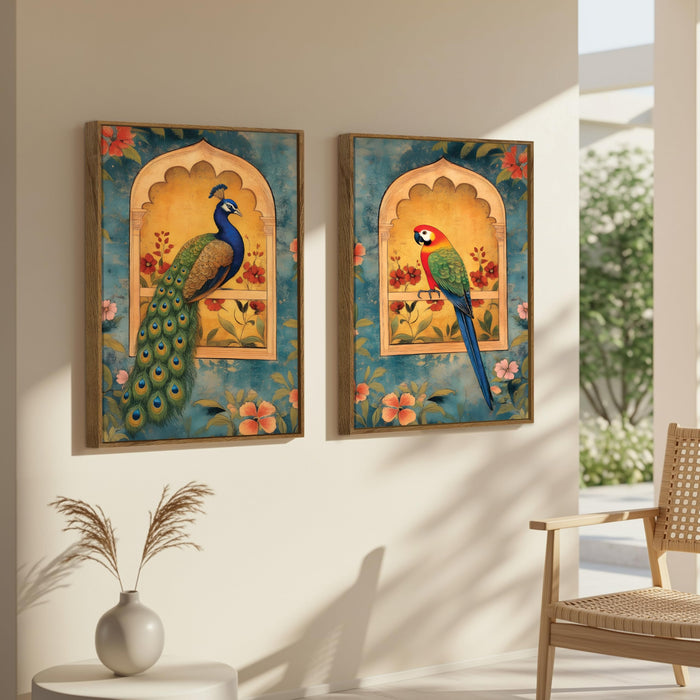 Mughal Parrot and Peacock flower Jharokha Canvas Painting Indian Large Wall Art Painting for Living Room Decoration, Stylish Large Wall Art Print for Wall Decor (Set of 2, 58x89 cm)