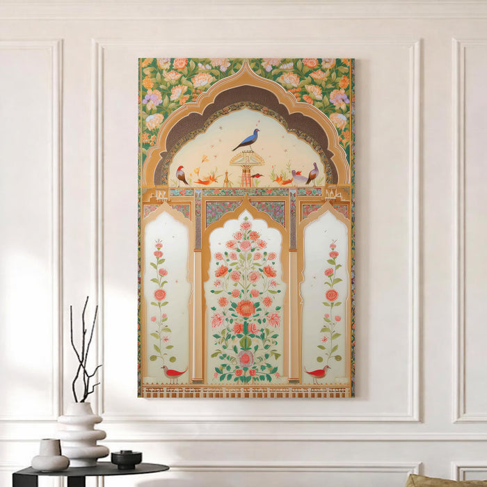 Mughal Peacock Garden Stretched Canvas Painting For Living Room | Madhubani Royal Jharokha Stretched Canvas Wall Art For Livingroom Home Decor, Bedroom, Hallway's, Office, Hotel - 56x86 cm