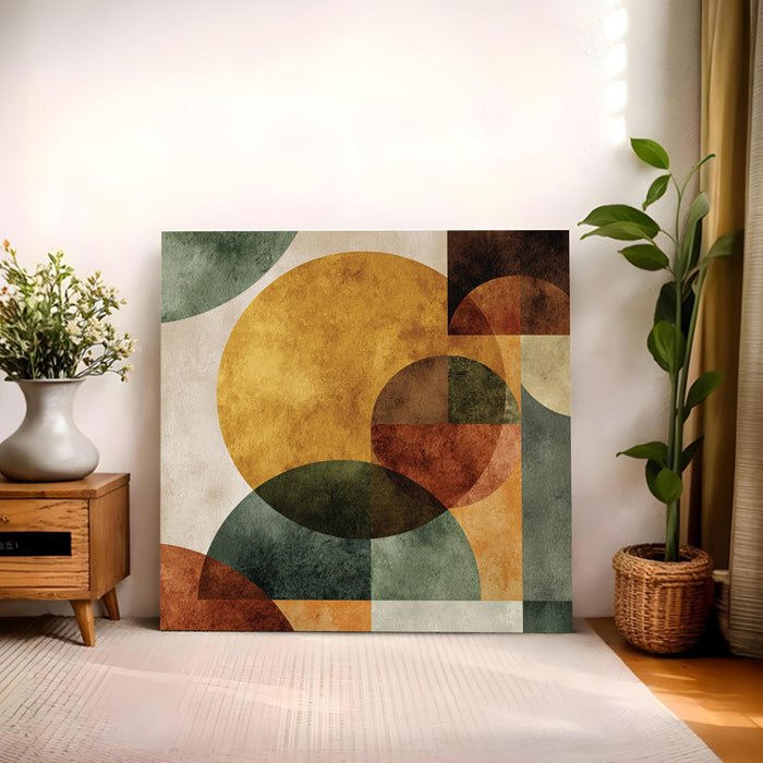 Boho Geometric Circles Stretched Canvas Wall Art Painting For Living Room, Modern Minimalist Earth Tone Painting, Abstract Decor for Living Room, Office & Studio (56xx56 cm)