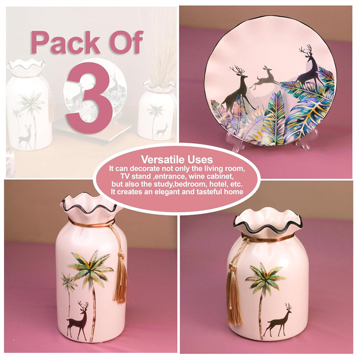 Art Street Deer and Tree Pinted Ceramic Vases and Decorative Plate Combo for Living Room, Wedding Party, Home and Office Décor (White, 4.5x9 Inch and 8x8 Inch)