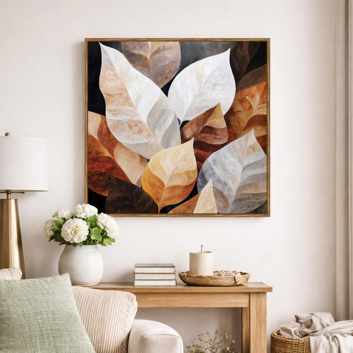 Abstract Autumn Leaf Framed Painting For Living Room | Rustic Botanical Leaf Large Canvas Painting With Frame Wall Art For Bedroom, Hallway's, Office, Hotel, Size 58x58 cm