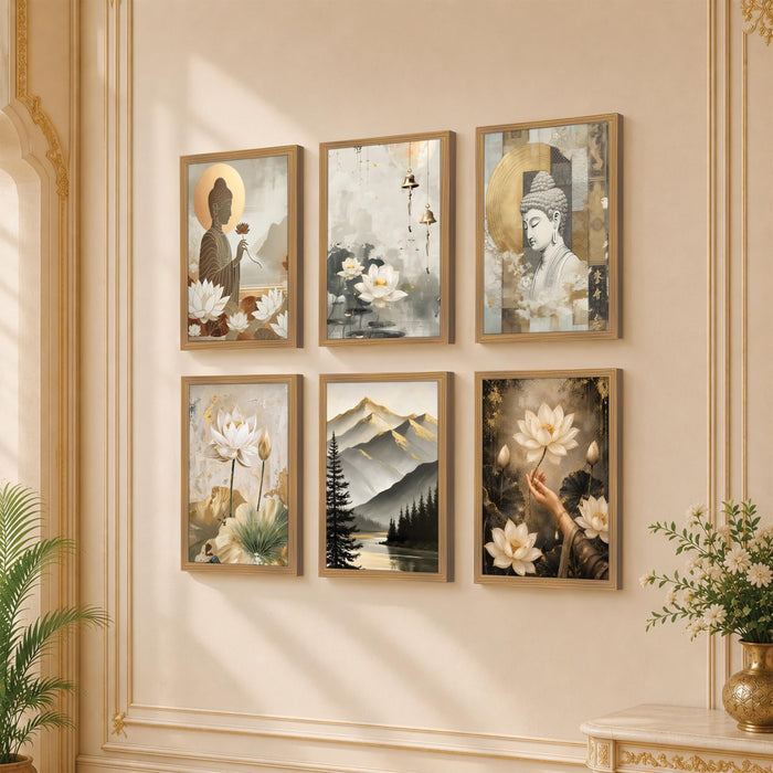Lord Buddha Lotus Wall Art Painting for Living Room, Zen Spiritual Aesthetic Wooden Framed Wall Art Print for Living Room, Bedroom, Office & Home Decor (Set of 6, 13x9 inch)