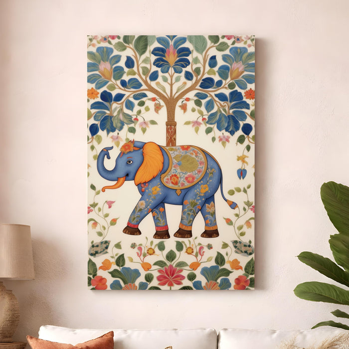 Elephant Tree of Life Stretched Canvas Painting For Living Room | Madhubani Animal Stretched Canvas Wall Art For Livingroom Home Decor, Bedroom, Hallway's, Office, Hotel - 56x86 cm