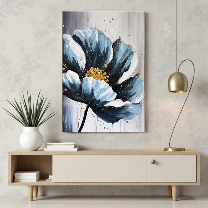 Wall Art Abstract Flower Stretched Canvas Painting Blue and Gold Floral Painting Abstract Paintings for Bedroom Office Wall Décor Hand Painted Canvas Art 3D Textured Floral 61x91 cm