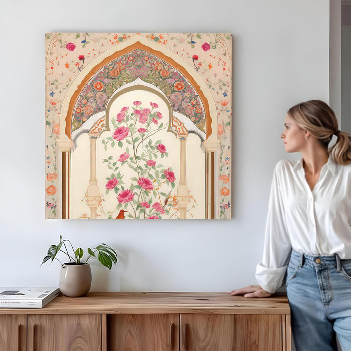 Indian Mughal Wall Art Painting For Living Room, Modern Miniature Style Stretched Canvas Wall Art Poster, Floral Peacock Motif Painting for Living Room, Office & Home Decor (56xx56 cm)
