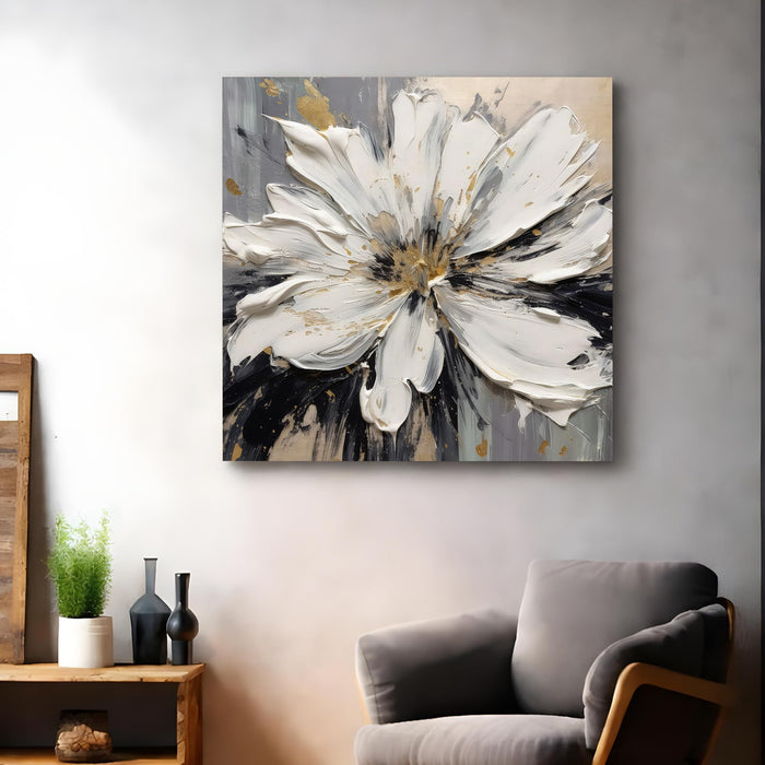 Modern Floral Stretched Canvas Wall Art Painting For Living Room, Painting White Flower with Heavy Texture & Gold Foil Accents, Contemporary Decor for Living Room, Bedroom & Office (56xx56 cm)