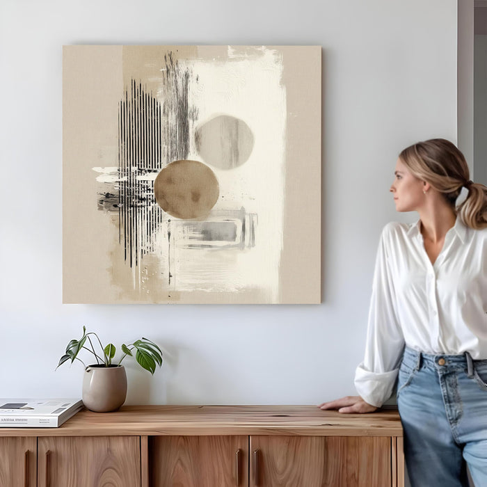 Abstract Minimalist Geometric Stretched Canvas Wall Art Painting for Living Room, Modern Neutral Painting, Overlapping Circles & Lines in Beige & Black for Office (56xx56 cm)