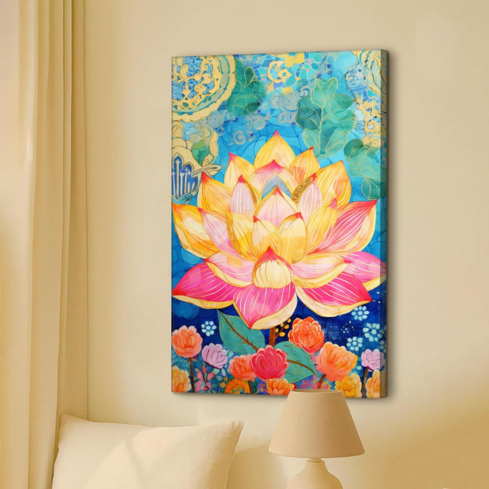 Modern Abstract Multicolor Lotus Flower Art Stretched Canvas Painting with Frame – Canvas Wall Art – 23x35 Inch Framed Canvas