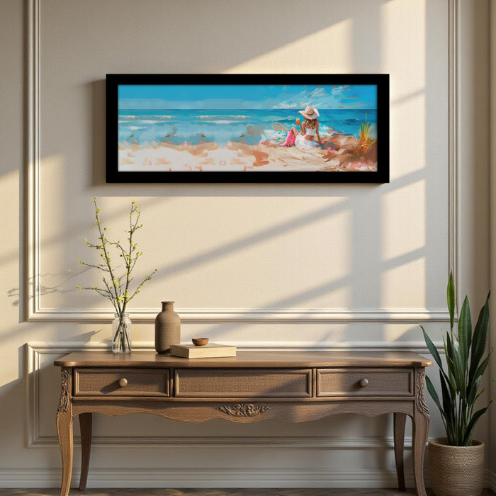 Girl Enjoying on Beach Summer Vacation Wall Art Framed Luxury Paintings for Home Decoration, Living room, Bedroom and Office Decoration (99x38 CM)