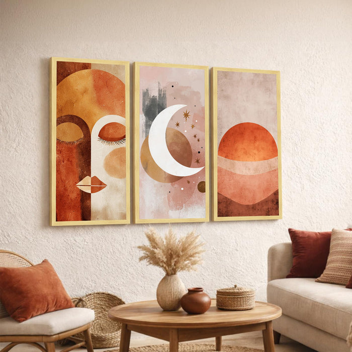 Abstract Face & Celestial Framed Wall Art Set of 3 | Modern Boho Art Prints with Engineered Wood Frame | Wall Décor for Living Room, Bedroom & Office, 8.9x18.9 Inch
