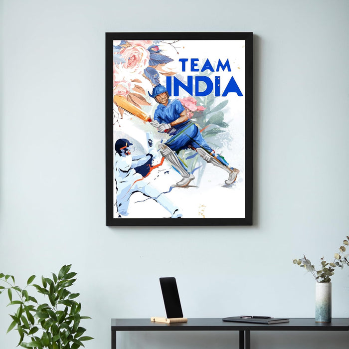 Framed Wall Hanging Art Print of Cricket Batsman Batting Sports Poster For Home Decor (12.7X17.5 Inch)