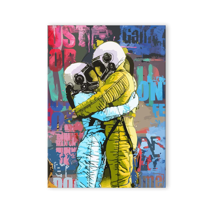 Art Street Stretched Canvas Painting Astronaut Couple in Love Starry Night Graffiti Wall Art Home Decor, Living Room, Office.