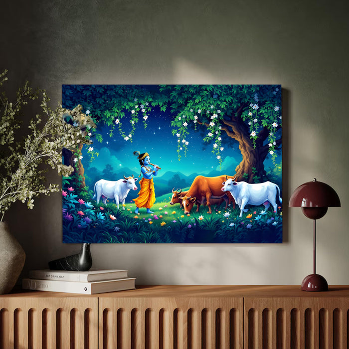 Lord Krishna Canvas Wall Painting with Cows | Vrindavan Krishna Flute Art | Spiritual Religious Wall Decor for Living Room, Bedroom, Office (16x22 Inch)