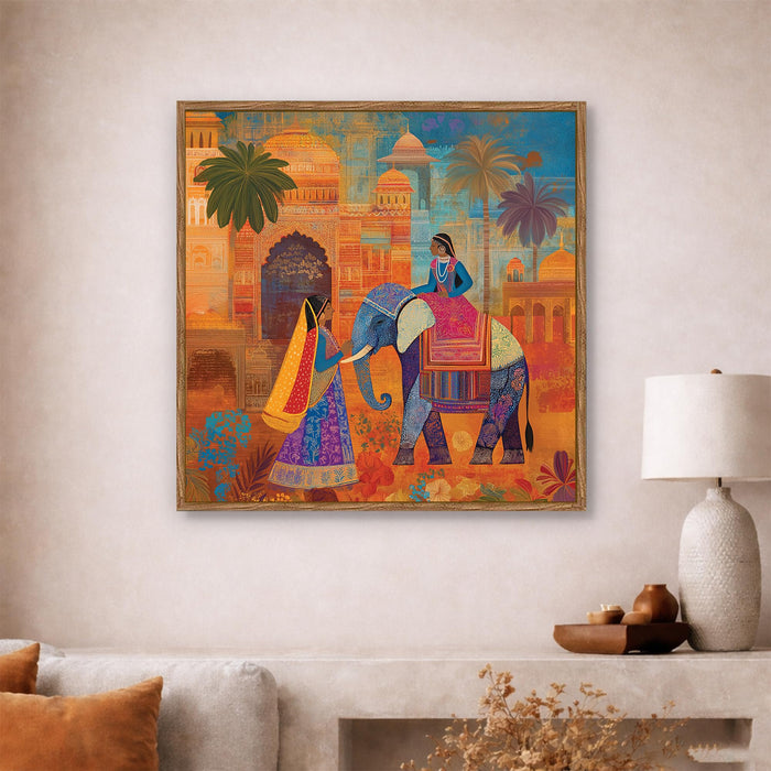Rajasthani Elephant Folk Framed Painting For Living Room | Indian Traditional Large Canvas Painting With Frame Wall Art For Bedroom, Hallway's, Office, Hotel, Size 58x58 cm