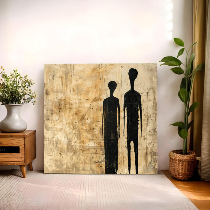 Abstract Minimalist Figures Stretched Canvas Wall Art Painting for Living Room, Modern Giacometti Style Silhouette Painting, Textured Earth Tones in Beige & Black for Office (56xx56 cm)