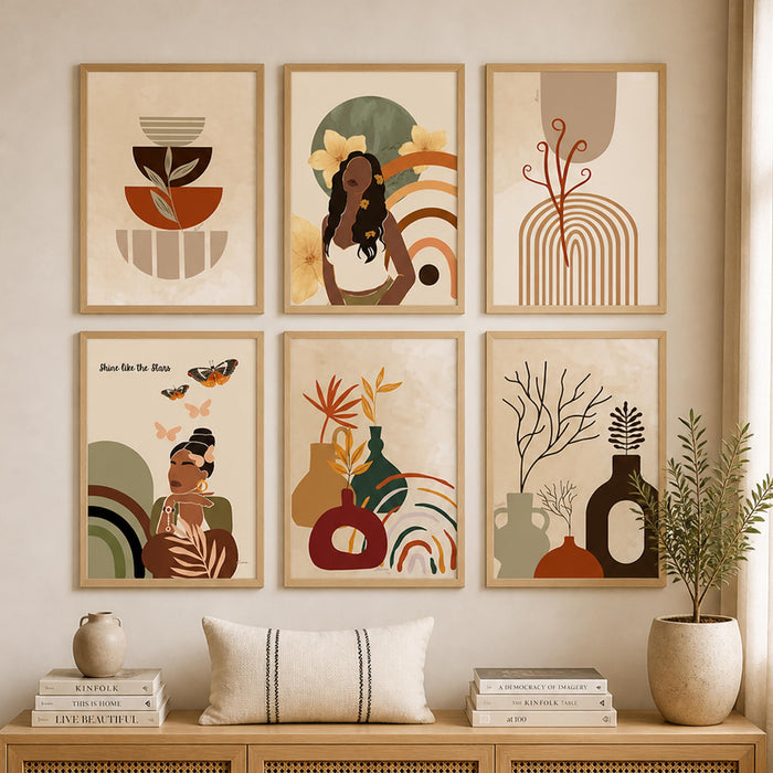 Boho Abstract Framed Painting Wall Art Set of 6 | Portrait, Botanical & Geometric Prints | Warm Neutral Tones | Engineered wood Frame Wall Décor, (Size: A3)