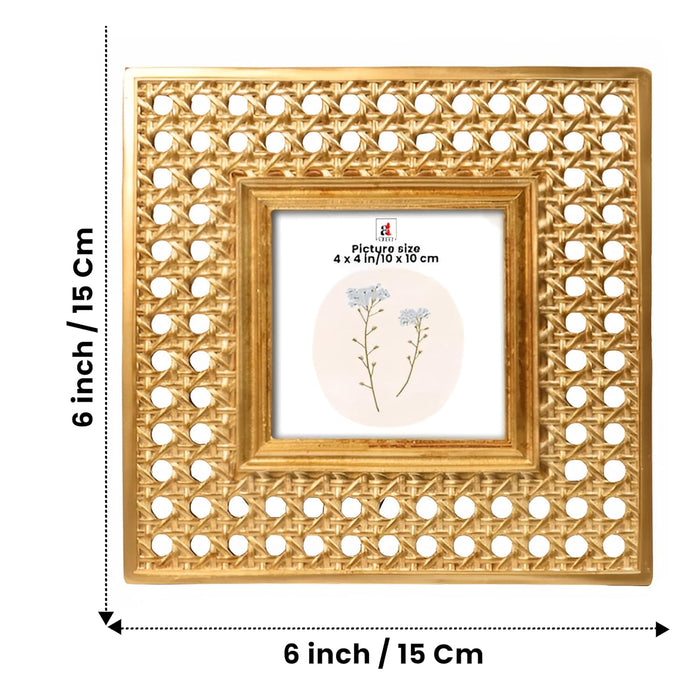 Vintage 4x4 Inch Photo Frame Golden Square – European Style Resin Picture Frame with Filigree Jali Design, Tabletop Display, Antique Look, 10x10 cm