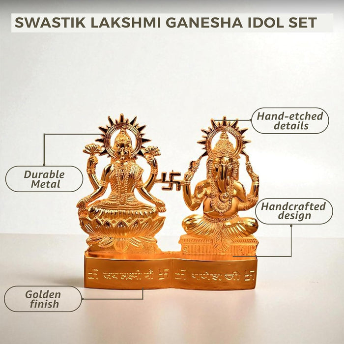 Metal Jay Lakshmi Ganesh Ji Brass Finished Idol Standable Statue Plate Brass Finished Idols for Deepawali Decoration, Ganesha 11x11 cm