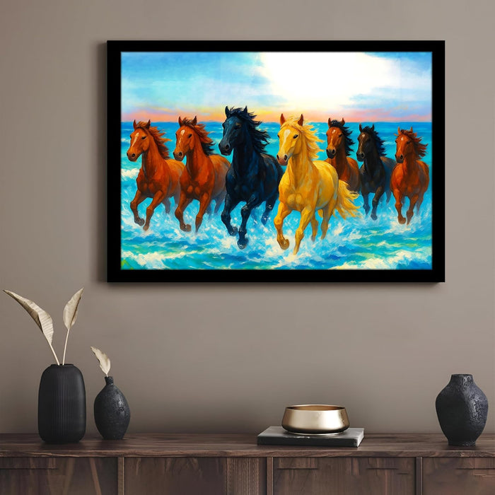 Seven Running Horses Wall Art Vastu Feng Shui Multicolor | Canvas Painting Stretched on Wood | Suits For Vastu-Friendly Place (16x22 Inch)