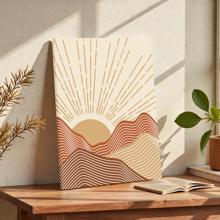 Abstract Sun Rise Mountains Stretched Canvas Wall Art Modern Boho Illustration Painting for Home & Office Wall Decor, (16x22 Inch)
