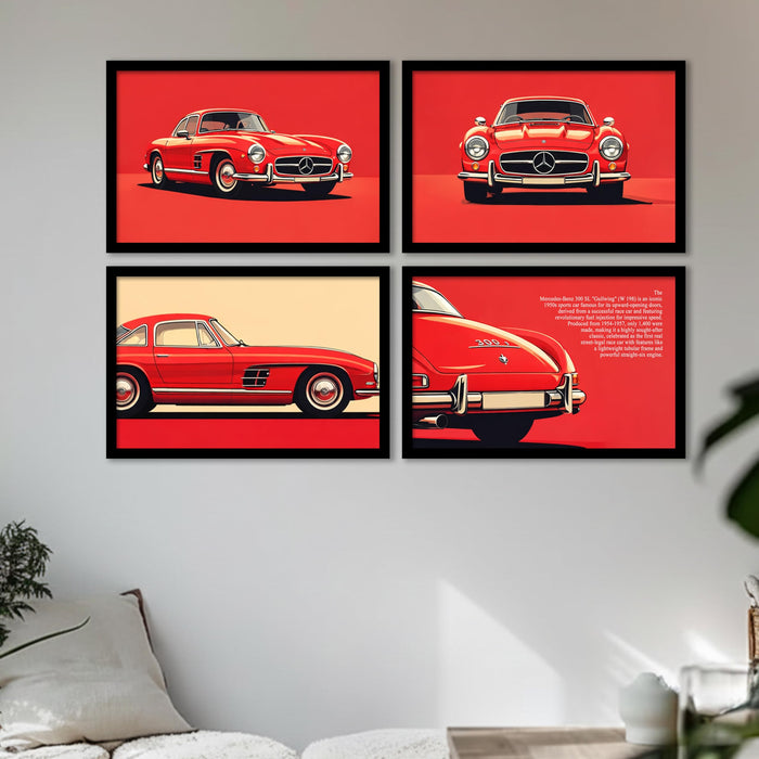 Mercedes 300 SL Gullwing Framed Wall Art Painting Set of 4 | Classic Luxury Car Illustration Prints for Living Room, Office & Studio Décor, 23x32 cm