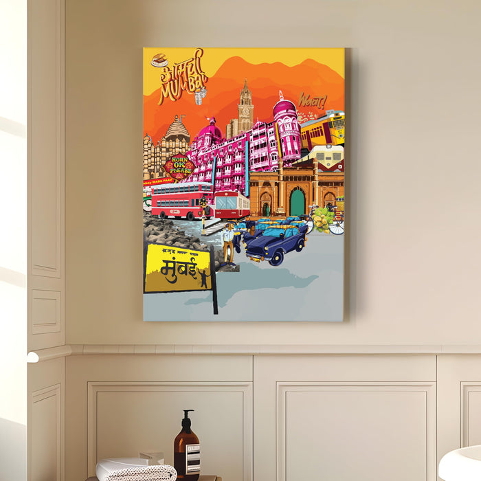 Mumbai Landmarks Collage Mixed Media Canvas Wall Painting | Travel pop art Canvas Wall Painting For Home and Office Wall Décor (41x56 cm)