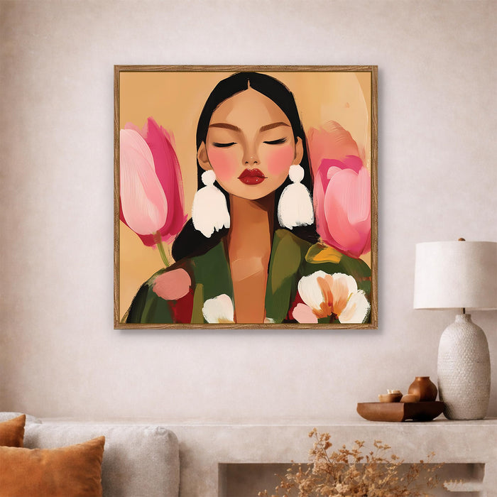 Botanical Woman Portrait Framed Painting For Living Room | Modern Floral Abstract Large Canvas Painting With Frame Wall Art For Bedroom, Hallway's, Office, Hotel, Size 58x58 cm