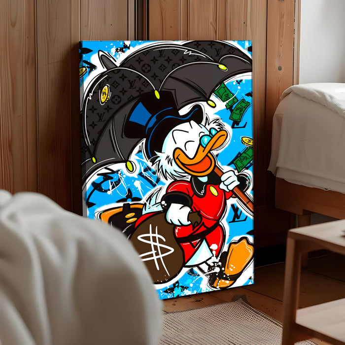 Luxury Cartoon Duck Pop Art Stretched Canvas Painting Print | Money & Success Theme Street Art Wall Décor | Modern Graffiti Style Artwork for Home & Office, 56x86 cm