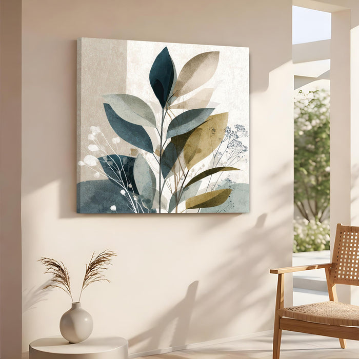Abstract botanical foliage Stretched Canvas Wall Art Painting For Living Room, Modern Abstract Botanical Poster, Minimalist Overlapping Leaves in Earth Tones for Living Room & Office (56xx56 cm)