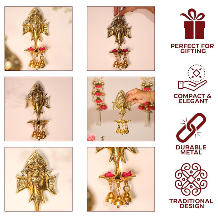Metal Wall Hanging Ganesha Brass Finished Idol with 3 Diya Oil Lamp and 3 Bells Traditional Diwali Decoration, Brass Finished, Handcrafted Ganesha, 9.7x19 cm