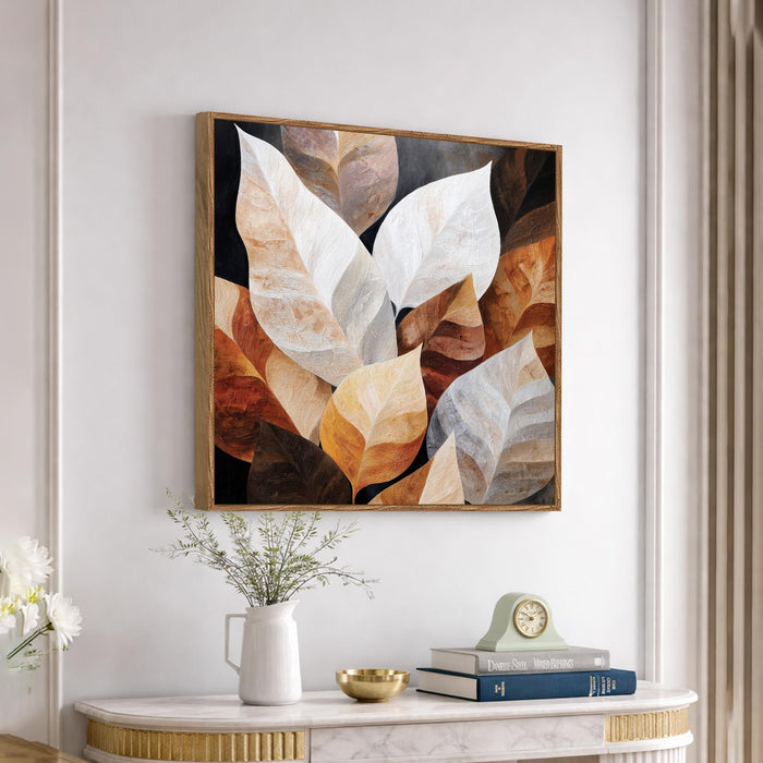 Abstract Autumn Leaf Framed Painting For Living Room | Rustic Botanical Leaf Large Canvas Painting With Frame Wall Art For Bedroom, Hallway's, Office, Hotel, Size 58x58 cm