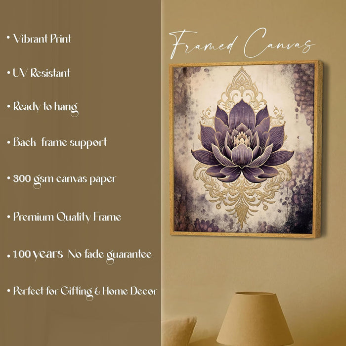 Multicolor Abstract Canvas Purple Lotus Indian Folk Wall Art Painting – Beige Purple Gold Gallery Wrap Canvas Wall Décor.