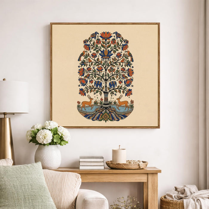 Kalamkari Tree of Life Framed Painting For Living Room | Madhubani Folk Animal Tree Large Canvas Painting With Frame Wall Art For Bedroom, Hallway's, Office, Hotel, Size 58x58 cm