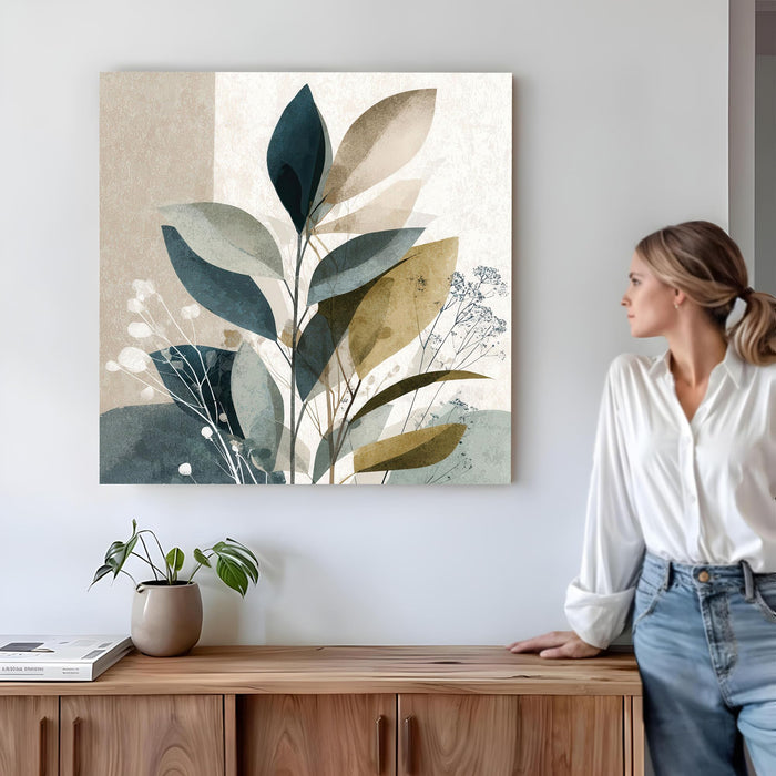 Abstract botanical foliage Stretched Canvas Wall Art Painting For Living Room, Modern Abstract Botanical Poster, Minimalist Overlapping Leaves in Earth Tones for Living Room & Office (56xx56 cm)