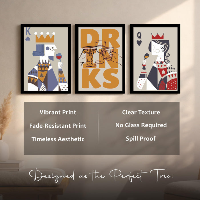 Poker King Queen Retro Graphic A3 Framed Poster for Living Room With Frame, “Drinks” Retro Framed Posters for Home Decor Bar Pub Lounge Dining area restaurant Hotel Set of 3, Size 33x45 cm