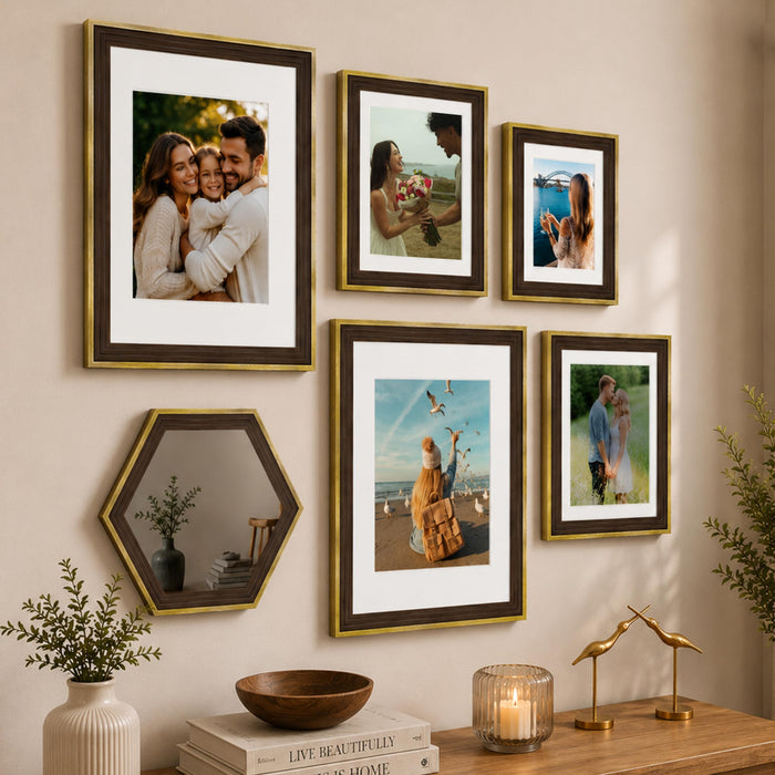 Art Street Gold Gallery Wall Photo Frame Set with Hexagon Mirror | Modern Collage Timeline Wall Decor for Living Room, Bedroom & Family Memories | Multi Size Frame Set