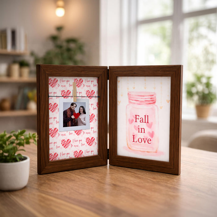 Greeting Card Photo Frame for Couples, Wooden Double Folding Love Photo Frame with Clip, Valentine’s Day Romantic Gift for Boyfriend, Girlfriend, Anniversary Wedding (5.2 x 7.2 Inch, Brown)