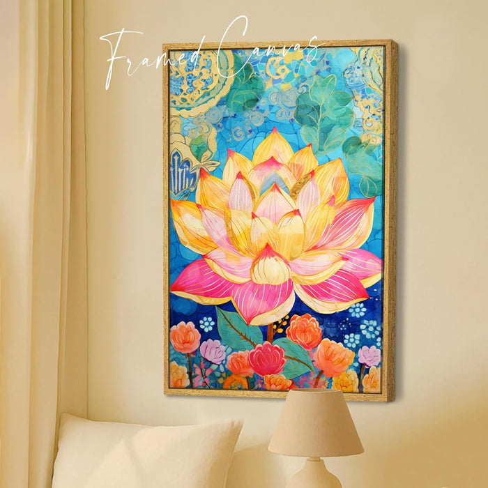 Modern Abstract Multicolor Lotus Flower Art Stretched Canvas Painting with Frame – Canvas Wall Art – 23x35 Inch Framed Canvas