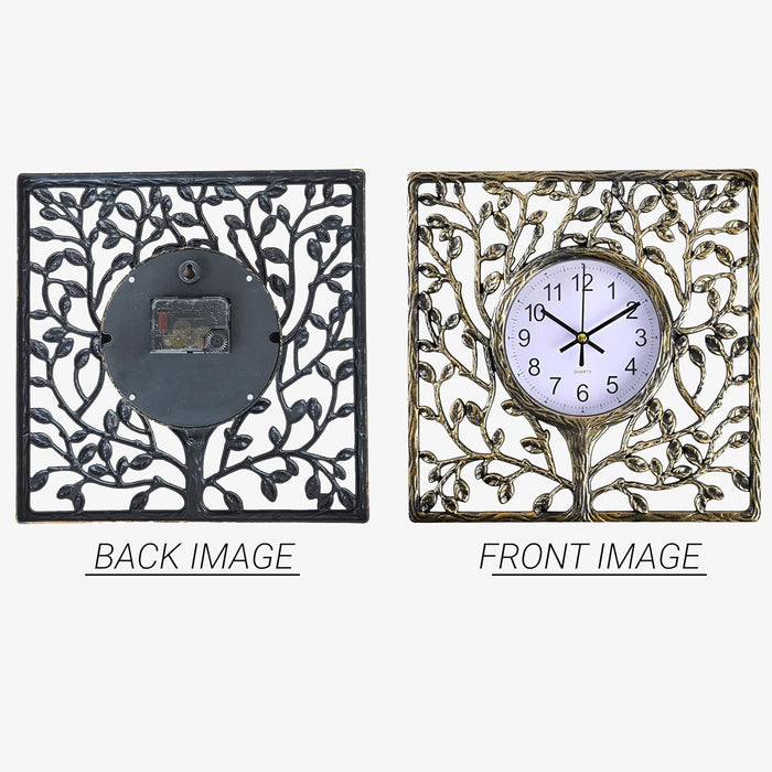 Bronze Vintage Tree Wall Clock Square Antique Design, Nature-Inspired Tree Motif Frame, Rust-Free, Lightweight Durable Plastic, Wall & Shelf Mountable  24x24 cm