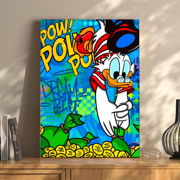 Pop Art Cartoon Duck Money Wall Painting | Comic Graffiti Style Stretched Canvas Art Print| Modern Street Wall Art for Home & Office, 41x56 cm