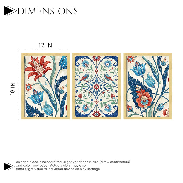 Framed Art Print Set of 3 Floral and Birds Turkish and Islamic Wall Art Prints Madhubani Inspired Indian Prints 30x41 cm