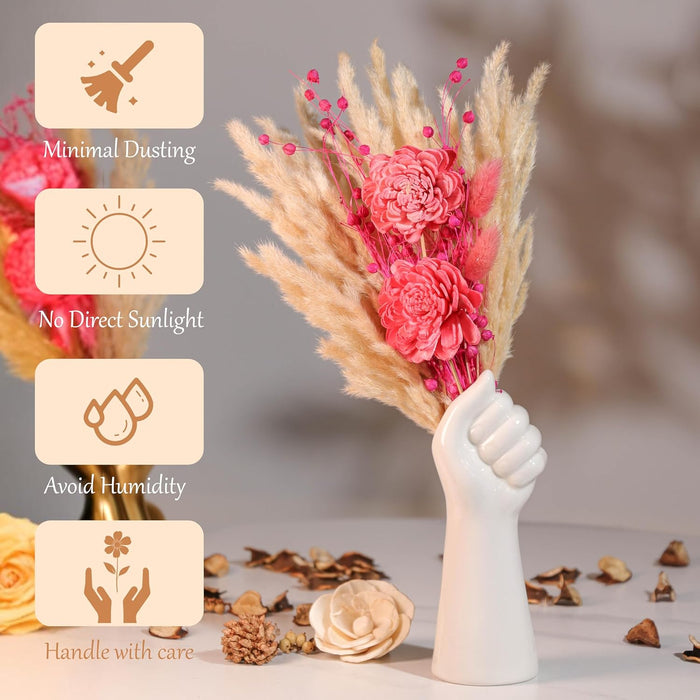 Dried Pampas Grass and Pink Artificial Flowers Bouquet Boho Dried Flower Arrangement, Natural Dry Floral Bouquet 30 cm