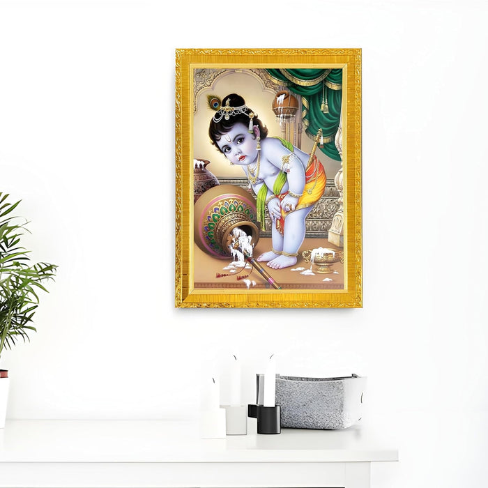 Lord Little Krishna with Makhan Photo Frame for Mandir, Pooja Room | Divine Hindu Deity Wall Art (10x13 Inch)