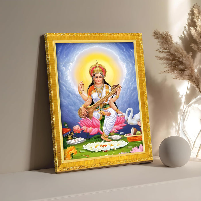 Divine Lakshmi Ganesh Saraswathi Goddess of Wealth Religious Golden Photo Frame Stand able and Wall Hanging for Temple, Mandir (21x30 cm)