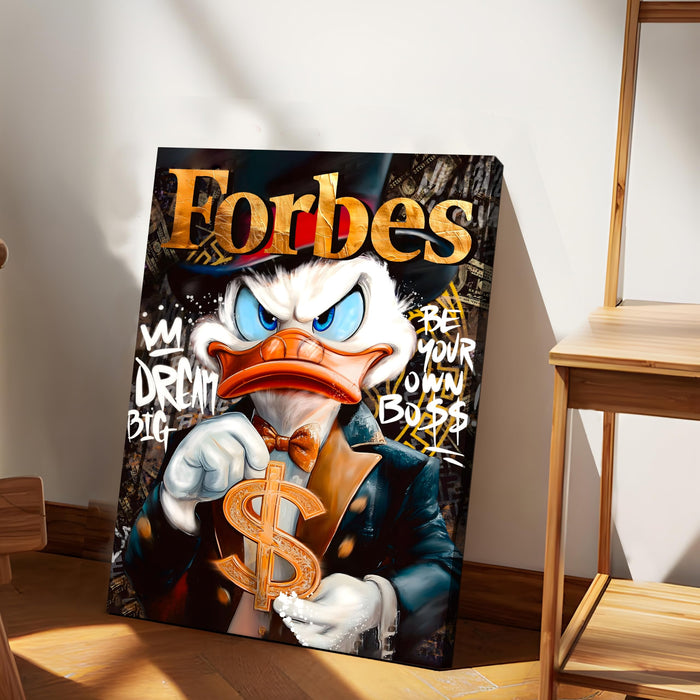 Luxury Cartoon Duck Pop Art Stretched Canvas Painting Print| Money Motivation Street Art Wall Décor | Modern Success-Themed Artwork for Home & Office, 41x56 cm